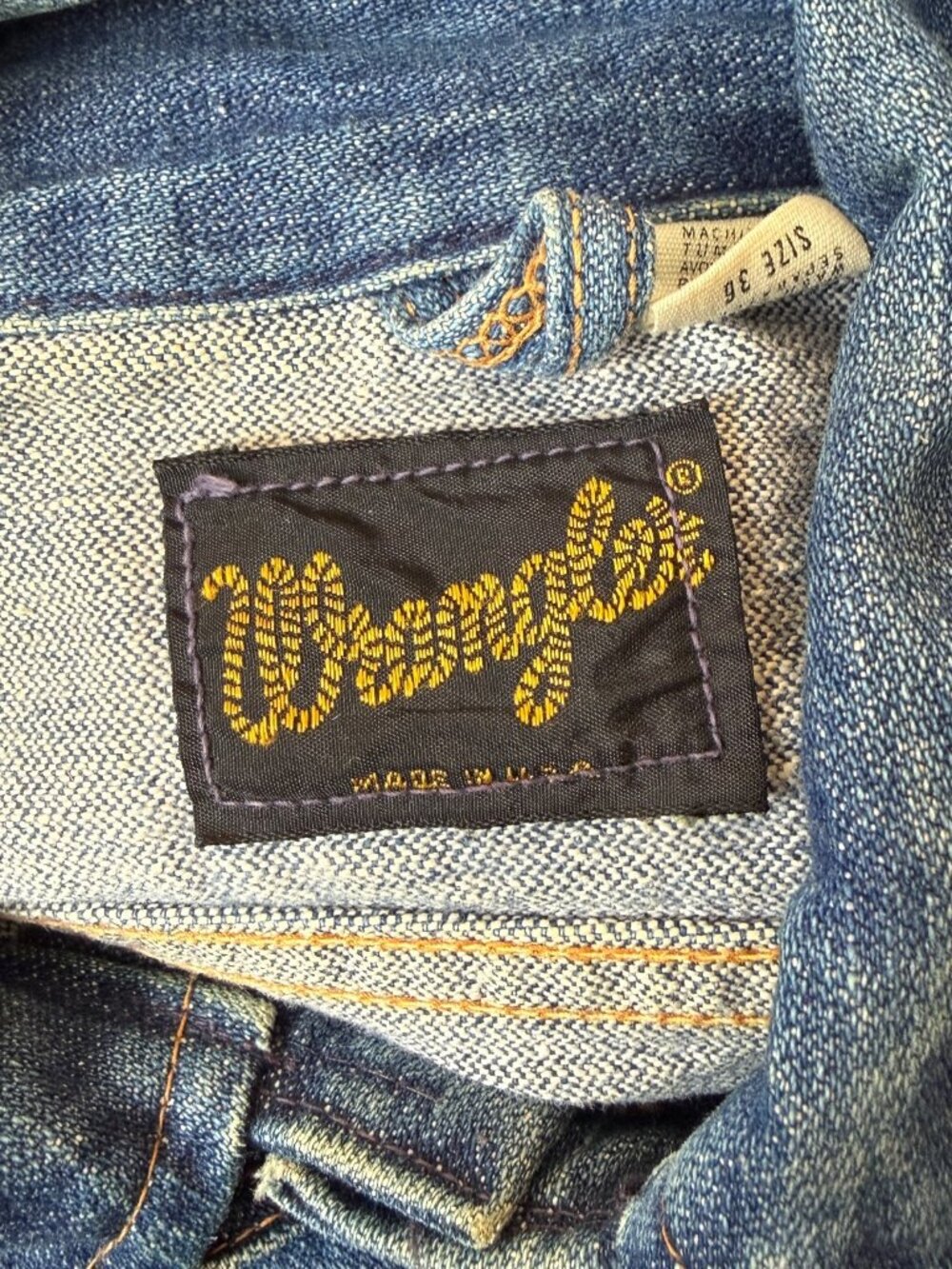 VINTAGE 70s WRANGLER BLUE DENIM JACKET MENS 36 S 36"x21" ROPE TAG MADE IN USA - Picture 8 of 16